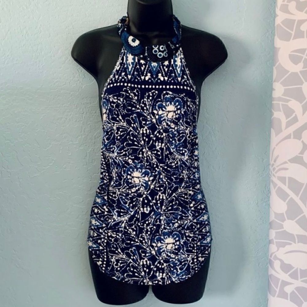 Free People Madagascar Indigo Blue Combo Boho Halter Top Size Small